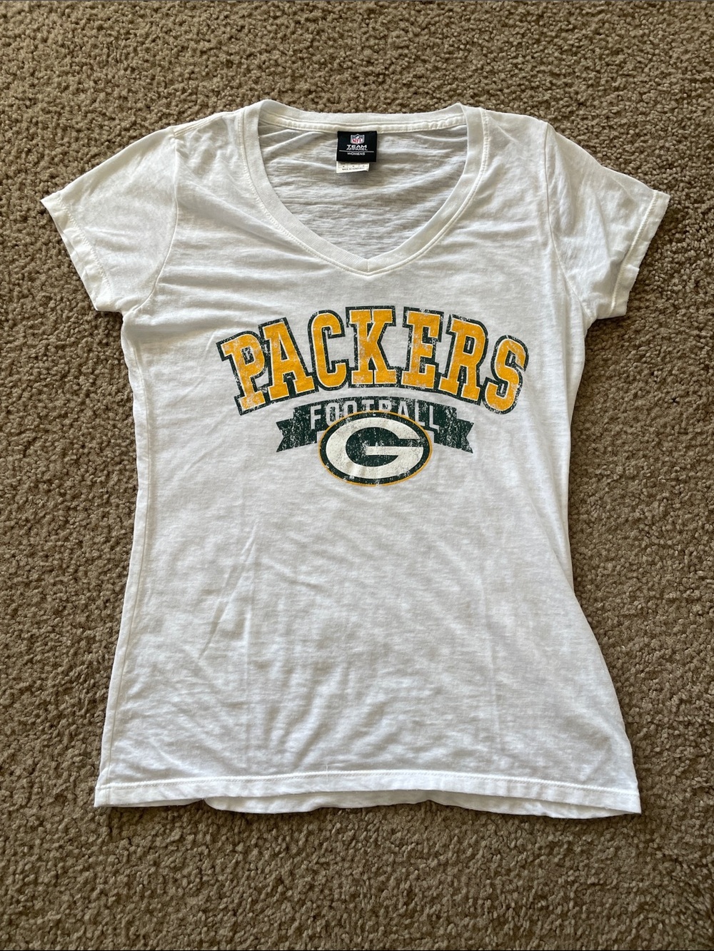 NFL Women's White V-Neck Packers Tee with Yellow and Green Logo